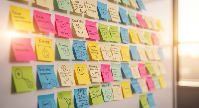 Colorful sticky notes on a white board planning and organization concept.