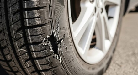 Fototapeta premium Damaged Car Tire Showing Significant Wear and Tear Punctured and Ripped.