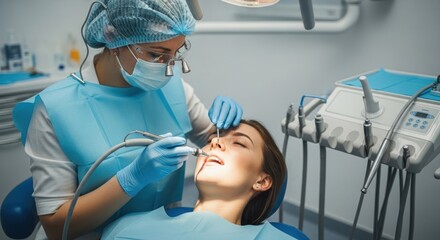 Fototapeta premium Dentist examining patients teeth with dental tools in a clinic setting healthcare concept.