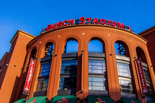 St. Louis, MO &mdash; June 6, 2018: Busch Stadium exterior entrance with the stadium name above the brick arches, home ballpark of the St. Louis Cardinals Major League Baseball Team.