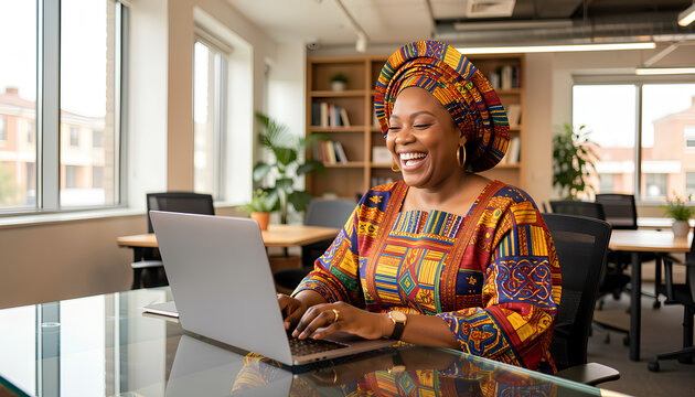 African entrepreneur in colorful iro and buba with gele working at glass desk laughing