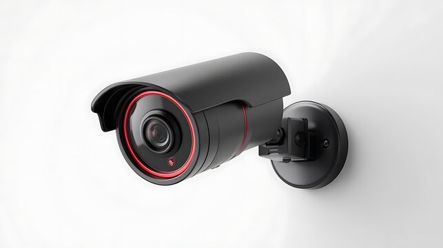 A sleek black security camera with red accents mounted on a white wall for surveillance and safety