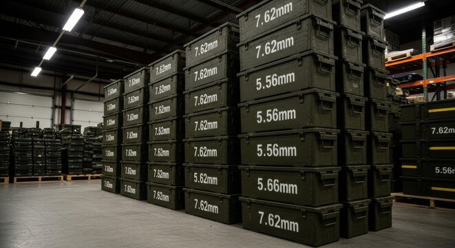 Stacks of Olive Green Ammunition Crates in Warehouse Storage