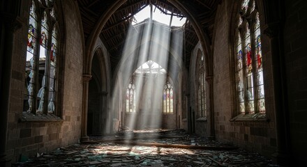 Fototapeta premium Sunbeams Illuminate Ruined Gothic Church Interior