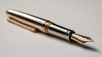 Antique fountain pen resting diagonally on seamless ivory background with soft shadows
