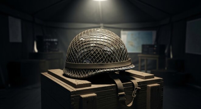 Vintage Soldier Helmet on Wooden Crate in Tent Setting