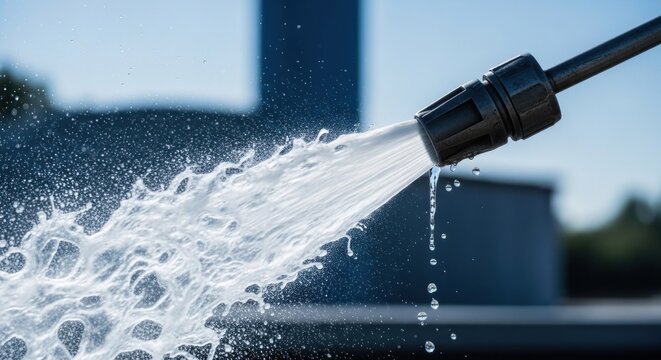 Highpressure water jet spraying from a nozzle cleaning and washing surfaces.
