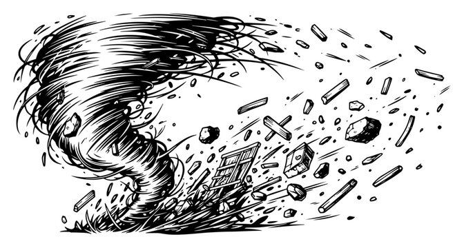 Dynamic woodcut style illustration of a powerful tornado storm throwing debris