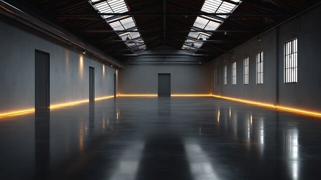 A large, empty warehouse with gray walls and a high ceiling, illuminated by yellow lights and natural light from windows.