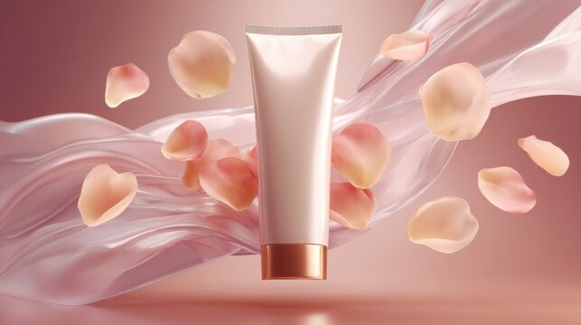 Luxury skincare cream tube surrounded by flowing transparent gel motion, pastel rose palette, smooth matte surface, petals floating in soft lighting, premium beauty, minimal background 