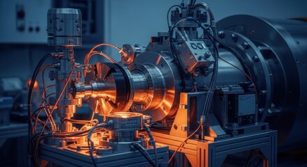 Obraz premium Intricate industrial machinery with glowing elements and complex components.