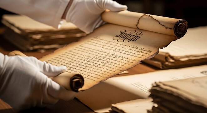 Archivist carefully examines an ancient handwritten scroll with delicate white gloves