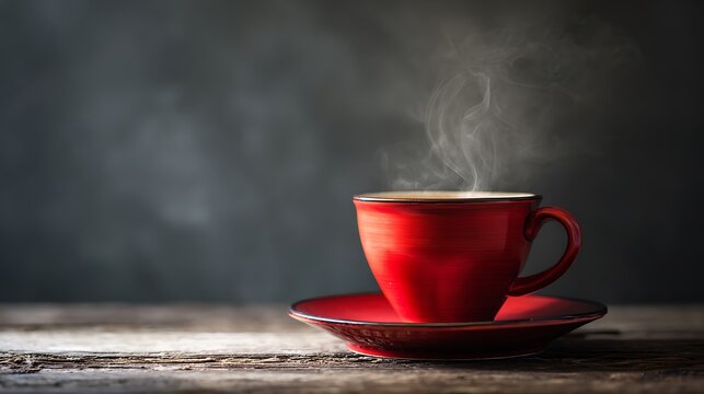 A steaming red coffee cup on a saucer against a dark background