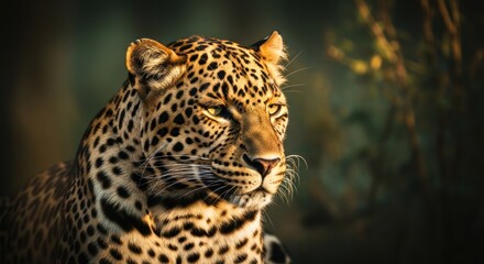 Obraz premium Majestic Leopard Gazes Serene A Portrait of African Wildlife in Golden Light.