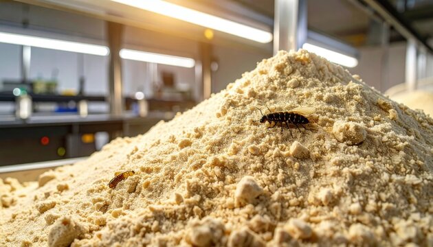 Edible insect larvae processed into nutrient rich flour with fine granular texture