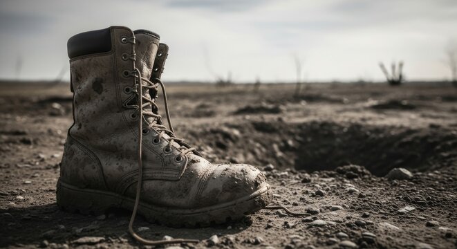 A Solitary Mud-Caked Combat Boot Abandoned in Arid Terrain