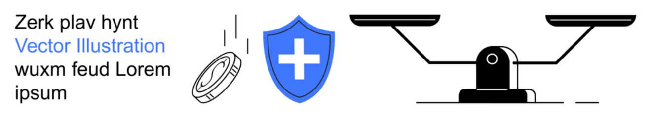 Fototapeta premium Security, finance, fairness, healthcare, protection, equality. Blue shield with cross, falling coin and balance scale. Security and finance concepts through symbolic elements