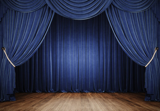 Empty theater stage with wood plank floor and open blue curtains. 3D Rendering, 3D Illustration