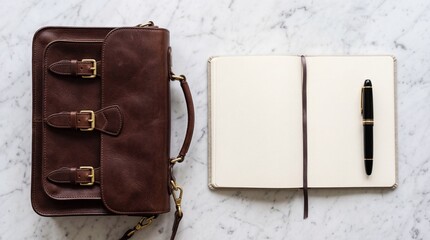 Professional Leather Briefcase and Open Notebook on White Marble Workspace