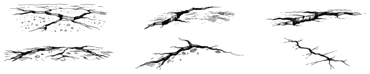 Naklejka premium Set of vintage woodcut style illustrations featuring various ground cracks and fissures
