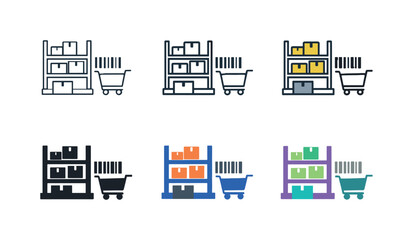 Obraz premium Product management icon showing stylized shelves, boxes, barcodes, and carts representing retail inventory tracking, stock