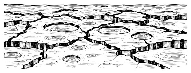 Hand drawn woodcut engraving of dry cracked terrain with small puddles or craters © Logan