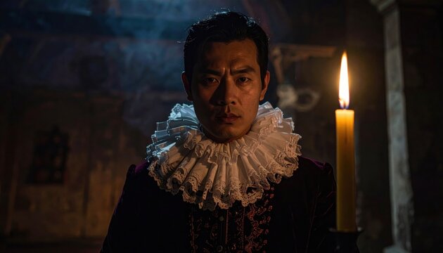 Intense Portrait of a Nobleman in a Lacy Ruff Collar and Velvet Doublet Illuminated by Candlelight