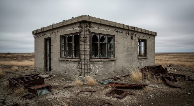Abandoned Concrete Military Outpost with Broken Windows