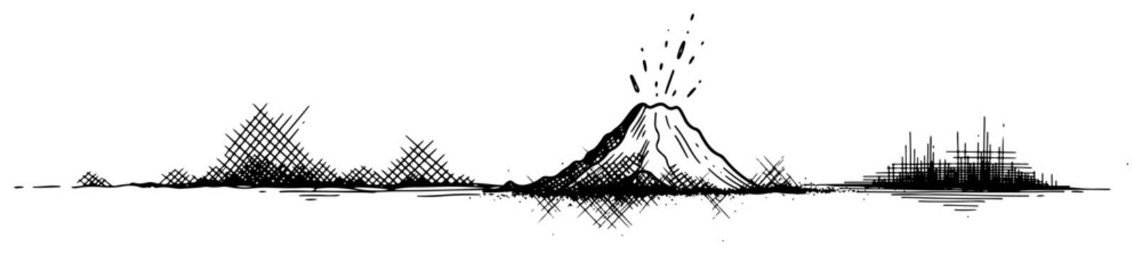 Minimalist hand drawn panoramic landscape sketch featuring jagged mountains and an erupting volcano