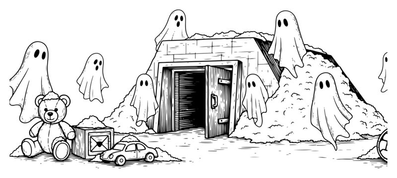 Spooky scene with floating sheet ghosts and abandoned toys near a mysterious entrance