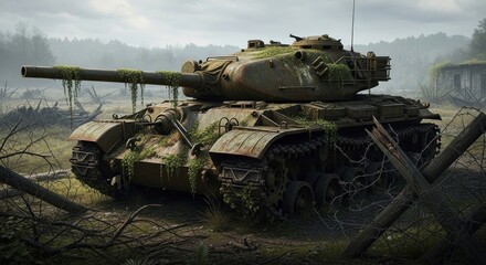 Fototapeta premium Abandoned Military Tank Overgrown with Nature in Field