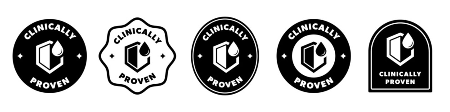 Clinically Proven icons with shield and drop. Labels for product container.
