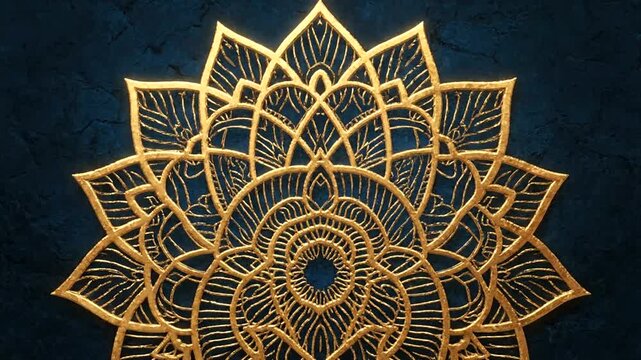 Intricate golden mandala design on dark blue background.
