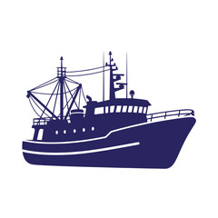 Obraz premium Dark blue silhouette of a fishing boat on white background maritime vessel for travel and transport