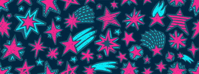 Crayon hand drawn doodle stars. Seamless pattern with cute magic sparks, glint and shooting stars with chalk texture. Abstract stickers set of twinkle lights and sparkles, vector illustration © sapunkele