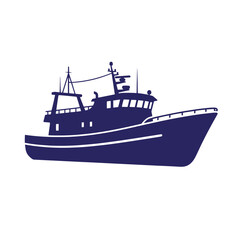Naklejka premium Dark blue silhouette of a fishing boat on white background maritime vessel