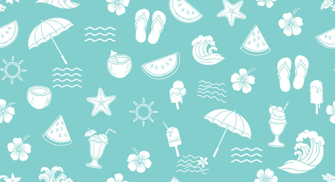 Summer, beach, vacation icons, seamless pattern, turquoise background, white illustrations