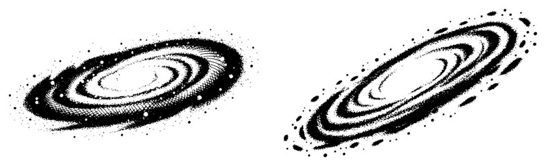 Vintage engraving style spiral galaxy illustration with dots and swirl patterns in black and white © Logan