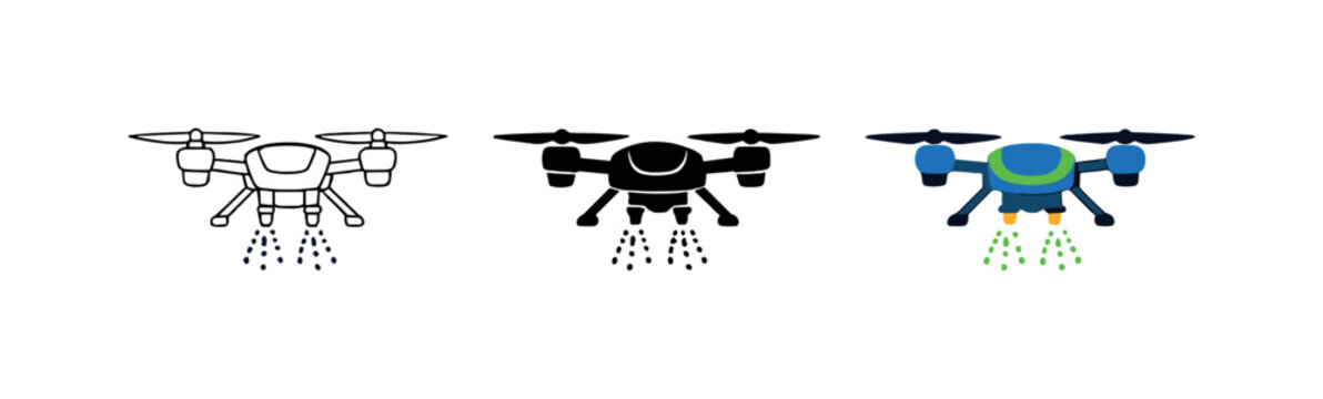 Precision cultivation action illustrated by a quadcopter drone with four propellers and central body hovering in profile as one