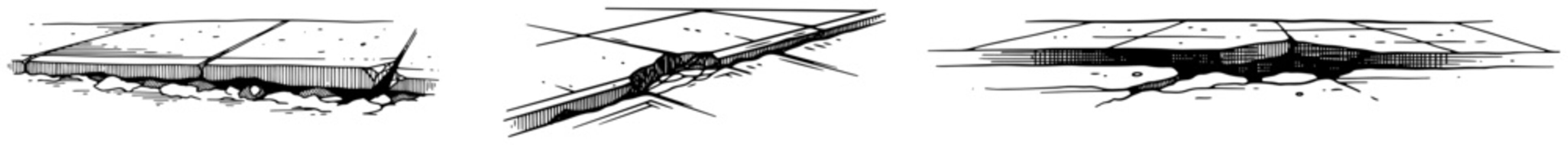 Vintage hand drawn illustration showing ground cracks and pavement damage in woodcut style
