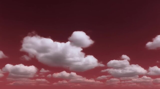 Dramatic crimson expanse across the horizon, featuring a scattering of fluffy white clouds that stand out against the vivid backdrop, creating a surreal and captivating atmosphere