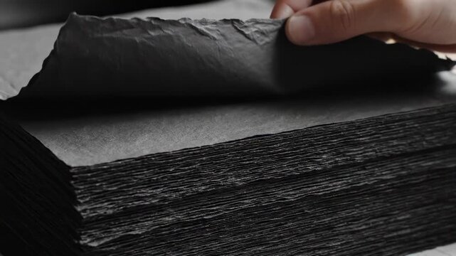 Hand Turning Rough Black Paper Stack