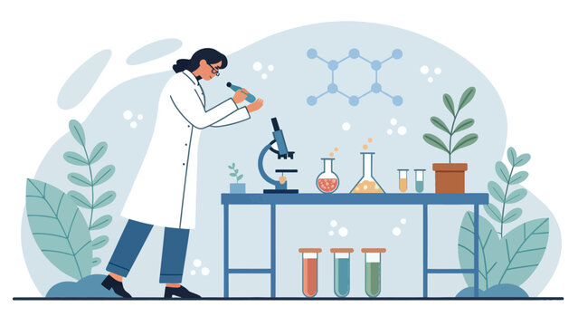 Female scientist examining samples in laboratory setting with microscope