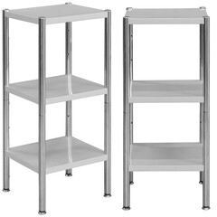 Real modern shelving unit with metal frame and wooden shelves, photographed in studio and isolated on white or transparent background