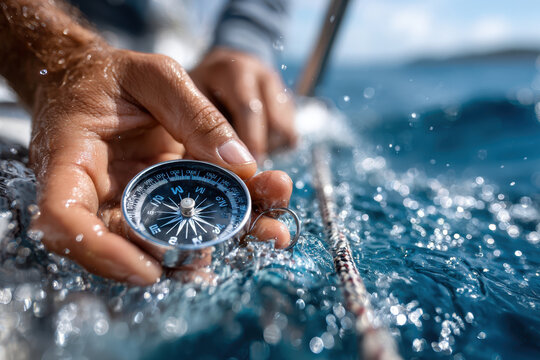 Exploring the ocean with a compass in hand during daylight at sea