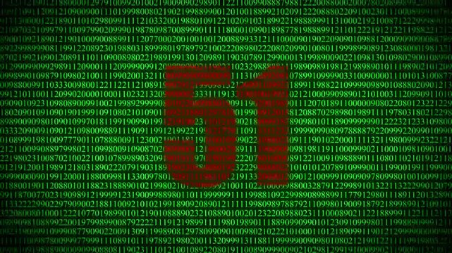 Red number 51 emerging from green binary code matrix, digital data flow background