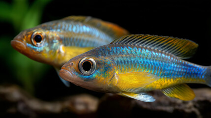 Fototapeta premium Two fish, one blue and one yellow, swimming together against a bold black background, defocused backdrop, colorful aquatic contrast concept, with copy space