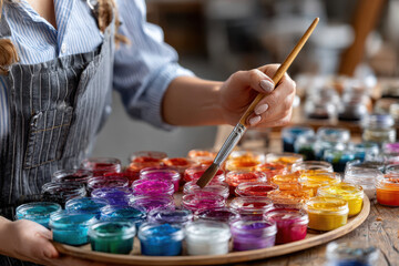 Creative artist mixing vibrant paints in a workshop with jars and brush