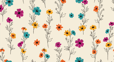 Colorful floral pattern vector, seamless flowers background