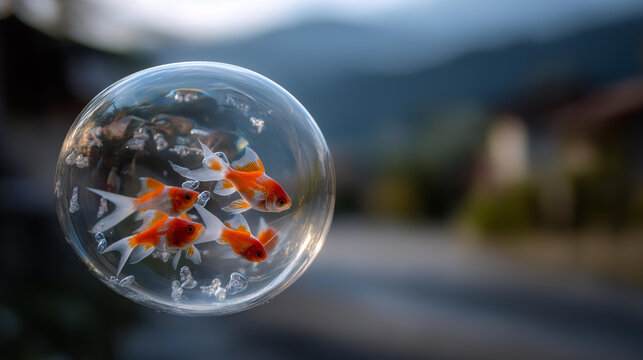 Orange and white fish swimming inside a clear balloon floating in the air, defocused background, surreal fish concept, creative floating fish art, with copy space